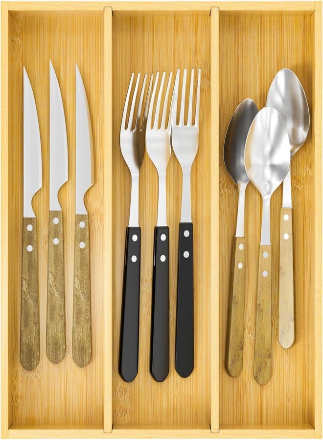 promitop Bamboo Utensil Organizer for Kitchen Drawers, Utensil Tray and Cutlery Silverware Holder,Wood Drawer Dividers with 3 Slots